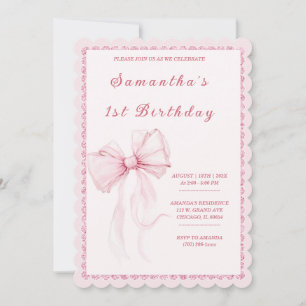 Invitation Elégant Bow rose 1er anniversaire pour les filles