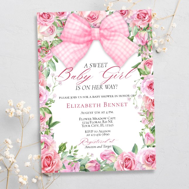 Invitation Elégant Bow rose et Rose Coquette Baby shower fill (Créateur téléchargé)