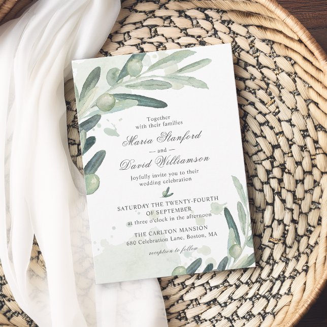 Invitation Élégant Branche de Verdure de Rameau d'Olivier Mar (Elegant Olive Sprig Branch Greenery Wedding Invitation)
