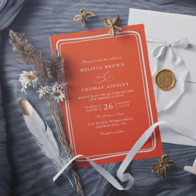 Invitation Elegant Bright Orange Retro Unique QR Code Wedding (Créateur téléchargé)
