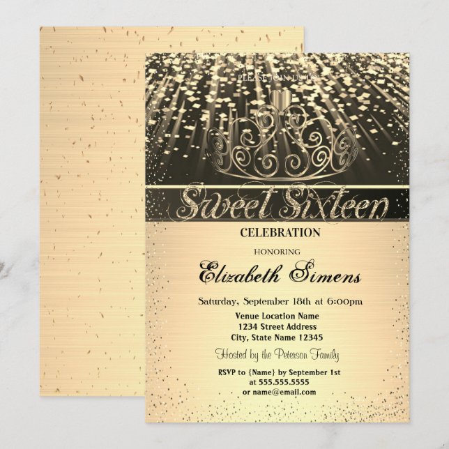 Invitation Elégant brillant or Tiara Confetti Sweet 16 (Devant / Derrière)