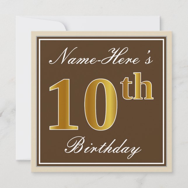 Invitation Elégant, Brown, Faux Gold 10e anniversaire + Nom (Devant)