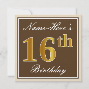 Invitation Elégant, Brown, Faux Gold 16ème anniversaire + Nom