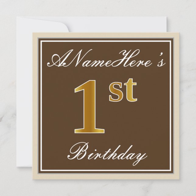 Invitation Elégant, Brown, Faux Gold 1er anniversaire + Nom (Devant)