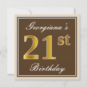 Invitation Elégant, Brown, Faux Gold 21ème anniversaire + Nom
