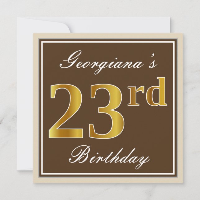 Invitation Elégant, Brown, Faux Gold 23ème anniversaire + Nom (Devant)