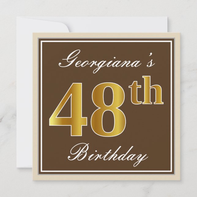 Invitation Elégant, Brown, Faux Gold 48ème anniversaire + Nom (Devant)