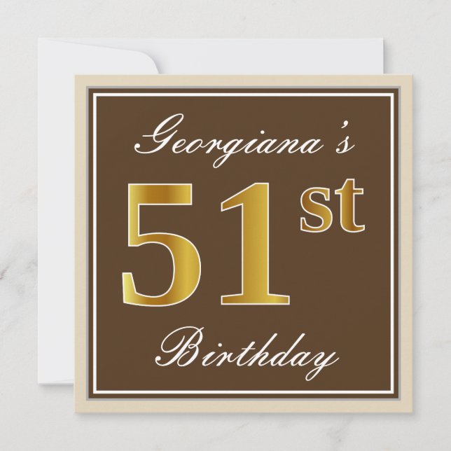 Invitation Elégant, Brown, Faux Gold 51ème Anniversaire + Nom (Devant)