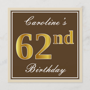 Invitation Elégant, Brown, Faux Gold 62ème anniversaire + Nom