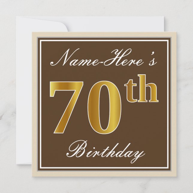 Invitation Elégant, Brown, Faux Gold 70e anniversaire + Nom (Devant)