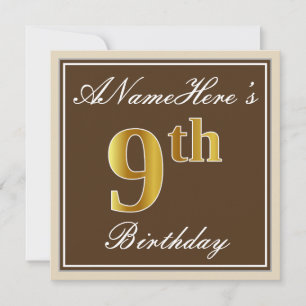 Invitation Elégant, Brown, Faux Gold 9e anniversaire + Nom