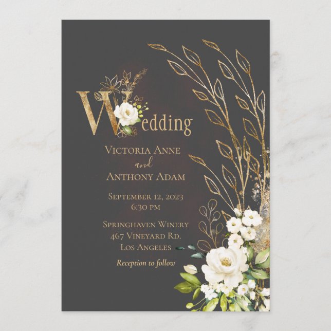 Invitation Élégant Brown Floral Rustic Script Mariage (Devant)