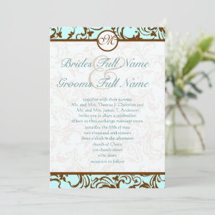Invitation Elegant Brown Vintage Damask on Light Aqua Blue