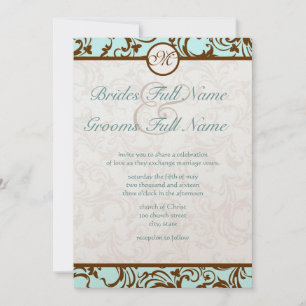 Invitation Élégant Brown Vintage Damask sur Light Aqua Blue