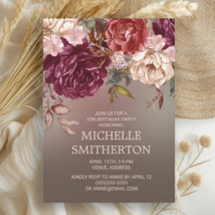 Invitation Élégant Brun Bordeaux Ivoire Floral 50e Anniversai