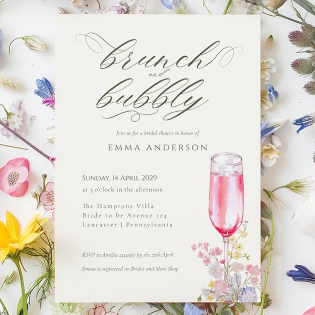 Invitation Élégant brunch de calligraphie et bridal shower pé (Elegant Calligraphy Brunch & Bubbly Bridal Shower Invitation)
