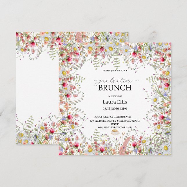 Invitation Élégant brunch de graduation florale fleur sauvage (Devant / Derrière)