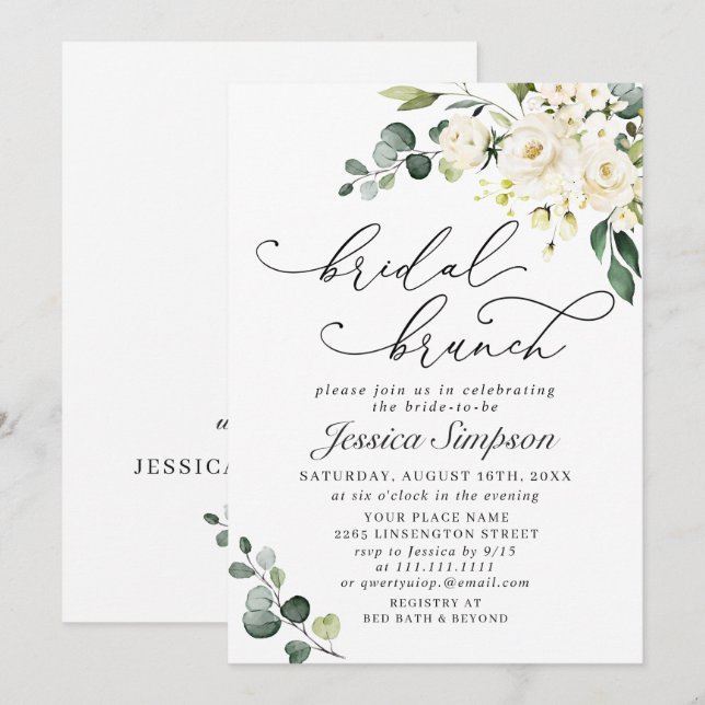 Invitation Élégant brunch de mariage avec roses blanches et e (Devant / Derrière)