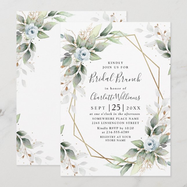 Invitation Élégant brunch de mariage bleu poussiéreux et verd (Devant / Derrière)