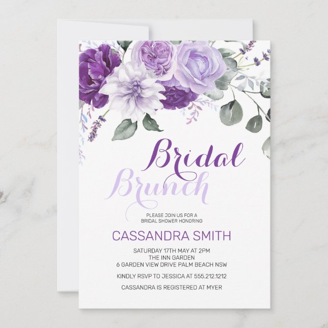 Invitation Élégant brunch de mariage floral violet de printem (Devant)