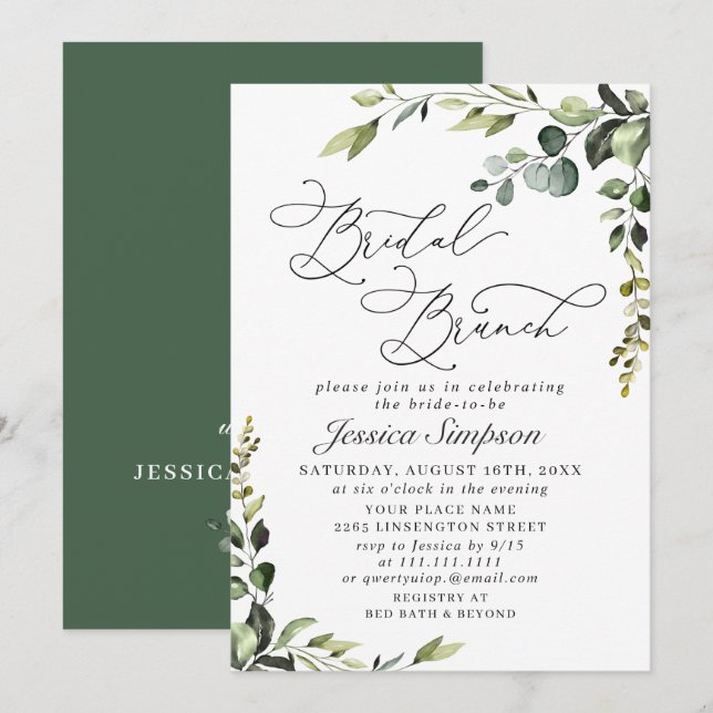 Invitation Élégant Brunch de Mariée à l'Aquarelle d'Eucalyptu (Devant / Derrière)
