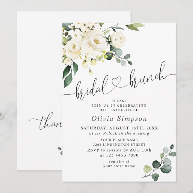 Invitation Élégant Brunch de Mariée aux Roses Blanches d'Euca (Devant / Derrière)