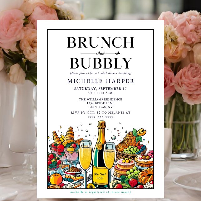Invitation Elégant Brunch et Fête des mariées Bubbly (Brunch and Bubbly Bridal Shower Invitation.)