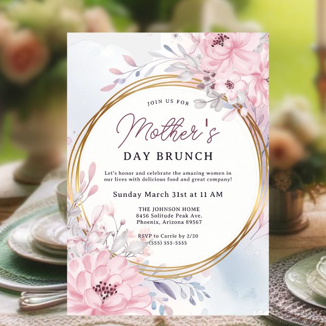 Invitation Élégant Brunch Fête des Mères Florales Printemps (Mother's Day Brunch Invitation)