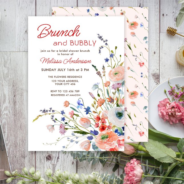 Invitation Elégant Brunch Floral et Fête des mariées Bubbly (Créateur téléchargé)