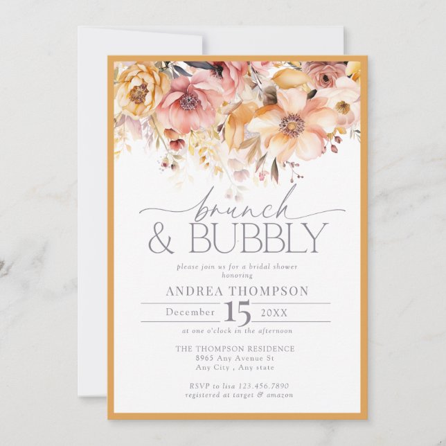 Invitation Elégant Brunch Floral Jaune & Bubbly (Devant)
