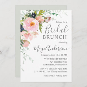 Invitation Élégant brunch floral rose et gris