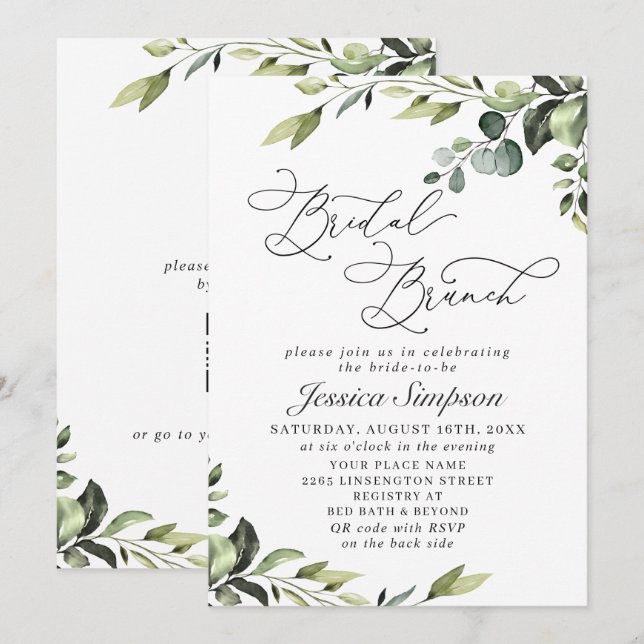Invitation Élégant brunch nuptial à l'aquarelle d'eucalyptus (Devant / Derrière)