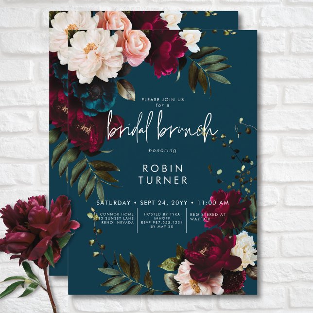 Invitation Élégant Brunch nuptial Bourgogne et bleu floral (Elegant Burgundy & Blue Floral Bridal Brunch Invitation)