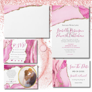 Invitation Élégant Budget Rose & Or Agate Pierre Mariage