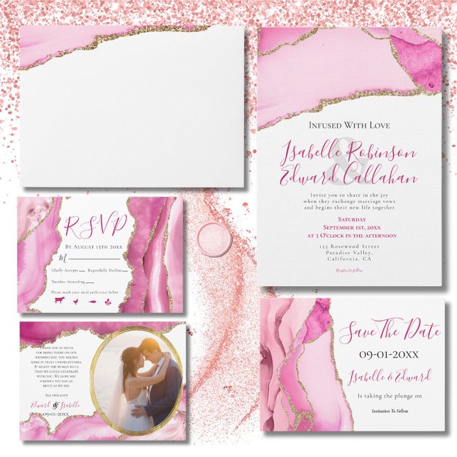 Invitation Élégant Budget Rose & Or Agate Pierre Mariage  (Créateur téléchargé)