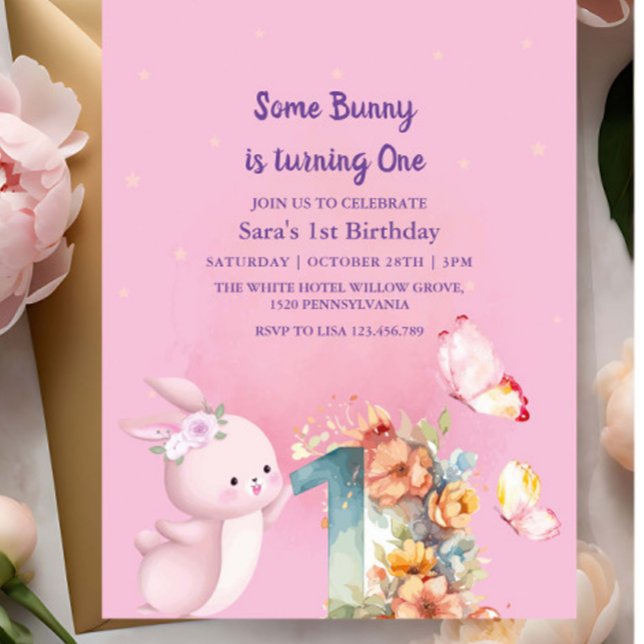 Invitation Elégant Bunny premier anniversaire bébé fille rose (Créateur téléchargé)