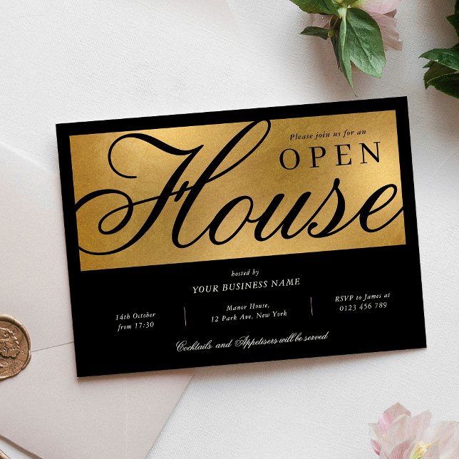 Invitation Élégant bureau d'entreprise Black & Gold Open Hous (Elegant black and gold foil effect Open House Business Invitation)