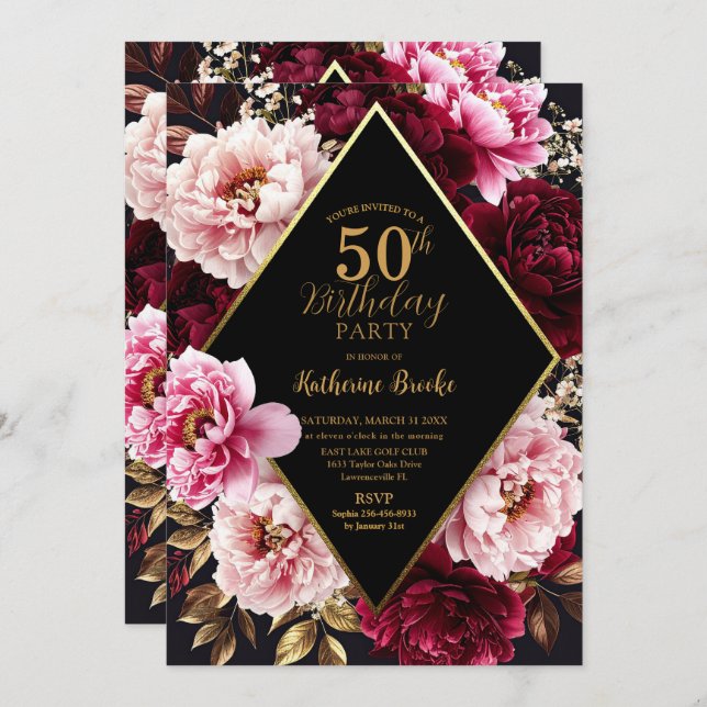 Invitation Elegant Burgundy and Blush Peony Floral Birthday (Devant / Derrière)