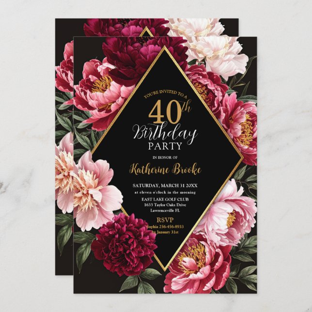 Invitation Elegant Burgundy and Blush Peony Floral Birthday (Devant / Derrière)