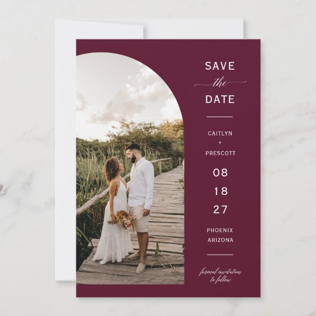Invitation Elegant Burgundy Arch Photo QR Code Save the Date (Devant)