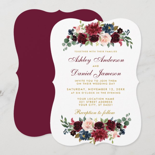 Invitation Elégant Burgundy Bleu Aquarelle Mariage Floral BR (Devant / Derrière)