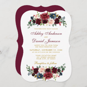 Invitation Elégant Burgundy Bleu Aquarelle Mariage Floral BR