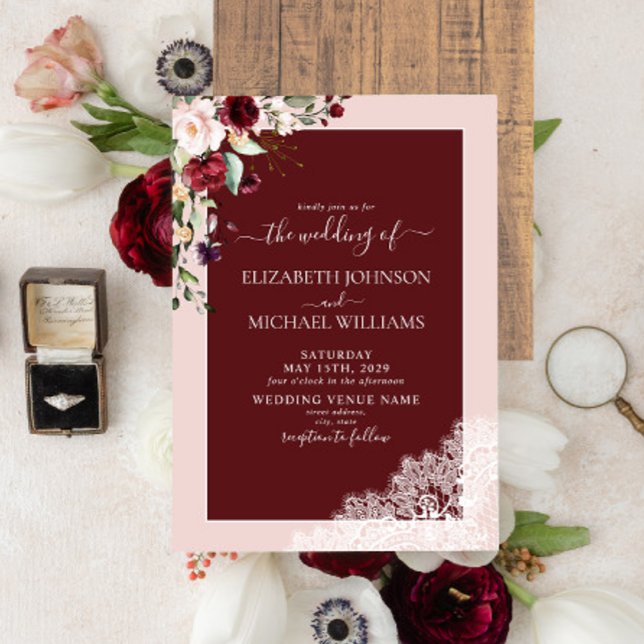 Invitation Elégant Burgundy Blush Botanical Rustic Mariage (Créateur téléchargé)