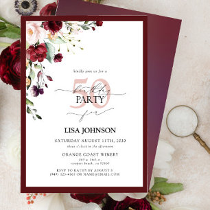 Invitation Elégant Burgundy Blush Floral 50e Anniversaire