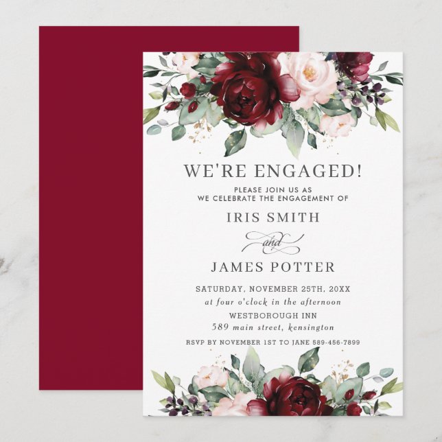 Invitation Elégant Burgundy Blush Floral Engagement Party Inv (Devant / Derrière)