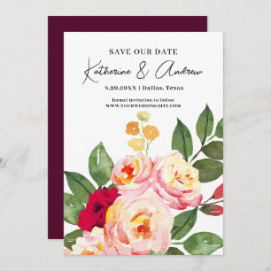 Invitation Élégant Burgundy Blush Floral Enregistrer La Date