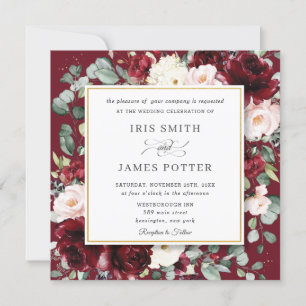 Invitation Élégant Burgundy Blush Floral Mariage Carré or