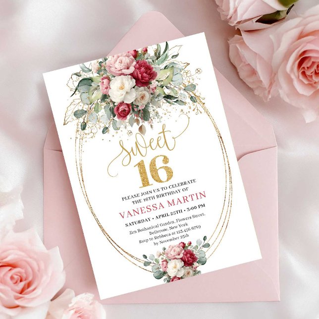 Invitation Élégant Burgundy Blush Gold Floral Sweet Sixteen (Elegant Burgundy Blush Gold Floral Sweet Sixteen Invite)