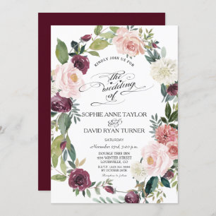 Invitation Élégant Burgundy Blush Ivory Floral Wreath Mariage