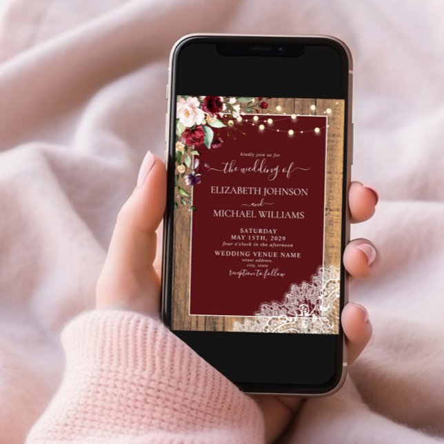 Invitation Élégant Burgundy Blush Mariage de script de dentel (Créateur téléchargé)